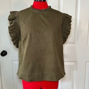 English Factory Ruffle Short Sleeve Poplin Tunic Top Army / Olive Green Womens L
